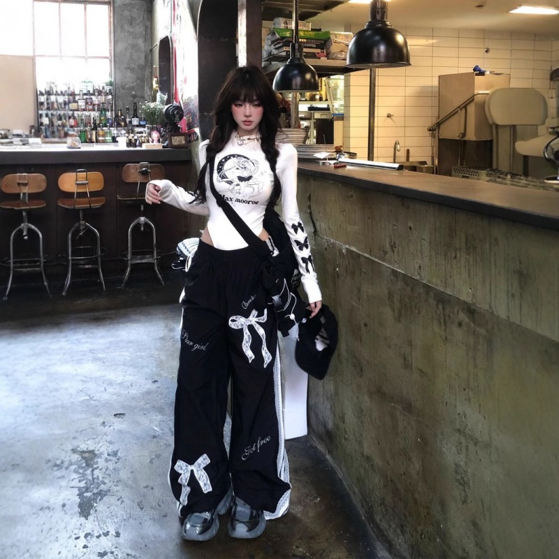 ワイドタックパンツ リボン飾り ワイドデニム ストレートパンツ レディース