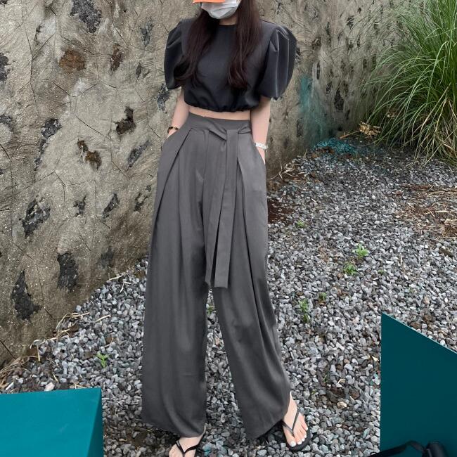 レディース タックワイドパンツ ハイウエスト リボン付き グレー