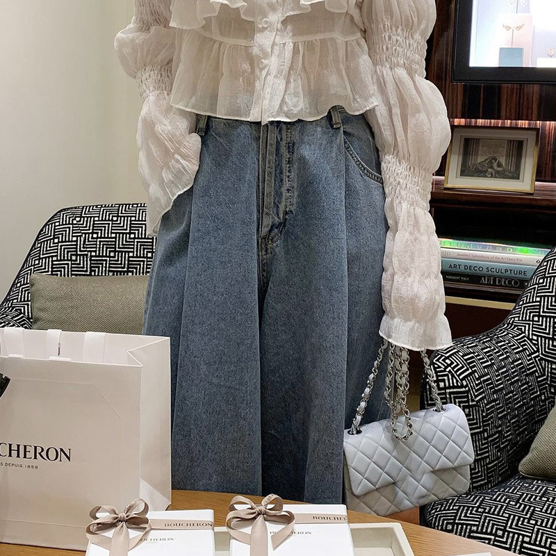 タックワイドパンツ ハイウエストポケット付きデニムパンツ