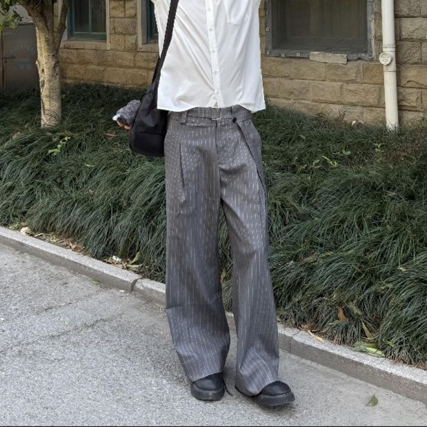 ワイドタックパンツ 上質ストライプ ゆったりタックパンツ