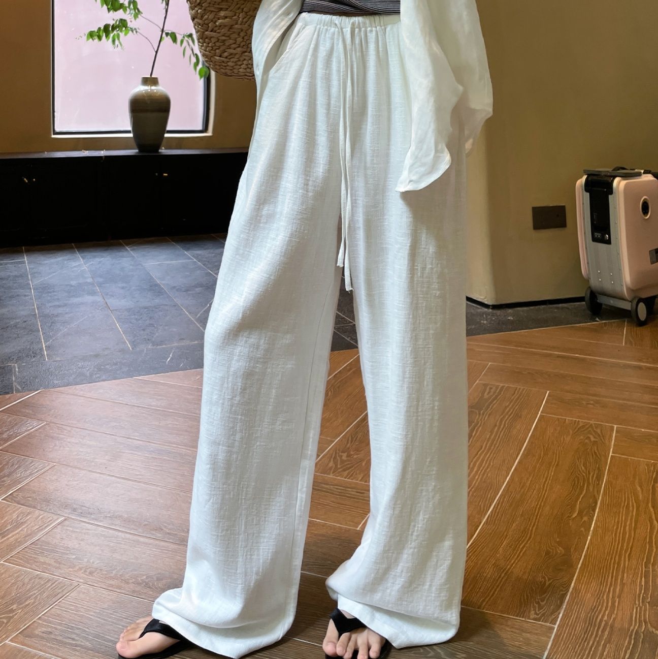 ワイドタックパンツ リネン風ゆったりタックパンツ