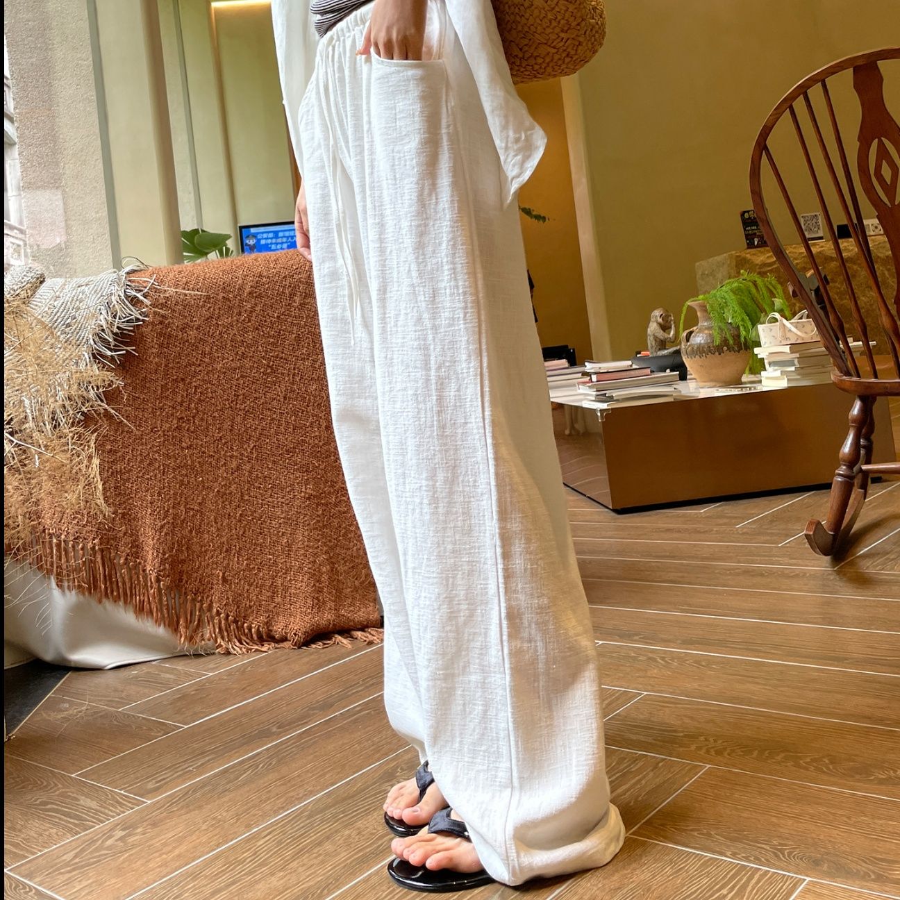 ワイドタックパンツ リネン風ゆったりタックパンツ