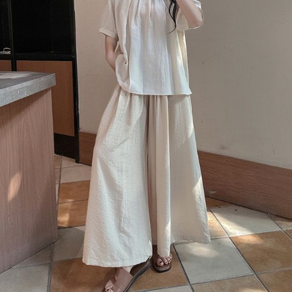 ワイドタックパンツ リネン風ゆったりタックワイドパンツ