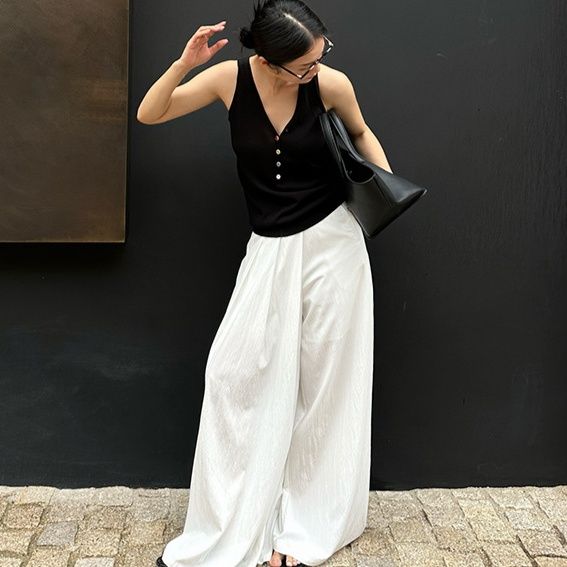 ワイドタックパンツ 優雅な落ち感 リネン風タックパンツ
