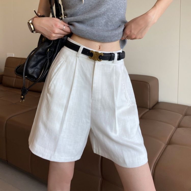 ワイドタックパンツ リネン風タックハーフパンツ