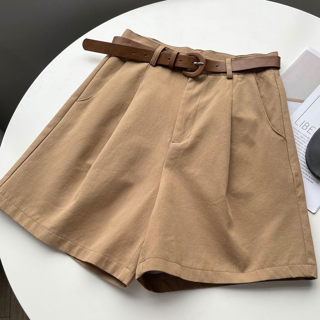 ワイドタックパンツ ベルト付きフレアショートパンツ