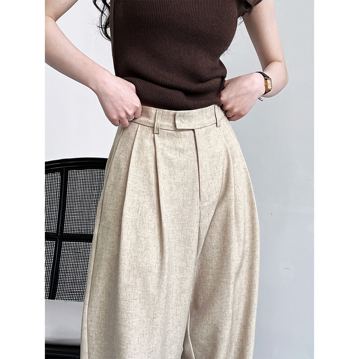 ワイドタックパンツ リネン風しなやかタックパンツ