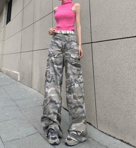 ワイドタックパンツ 黒迷彩柄 レディース ワイドパンツ カーゴ