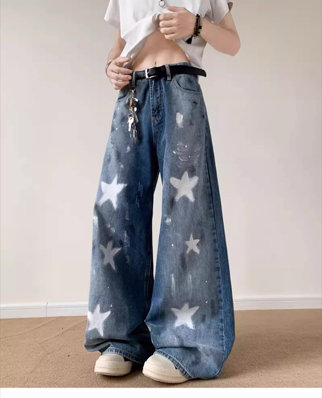 ワイドタックパンツ 星柄デザイン ワイドデニム ダメージ加工 メンズジーンズ