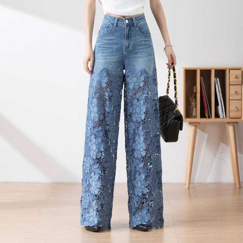 ワイドタックパンツ レース調透かしデニムワイドパンツ