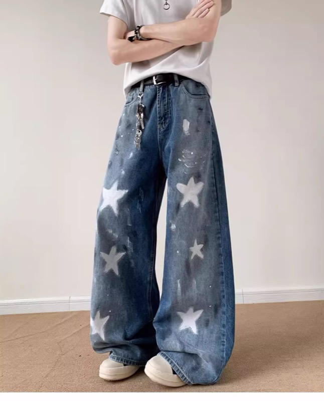 ワイドタックパンツ 星柄デザイン ワイドデニム ダメージ加工 メンズジーンズ