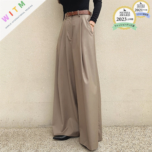 ワイドタックパンツ ハイウエスト 着痩せ レディース ロング丈