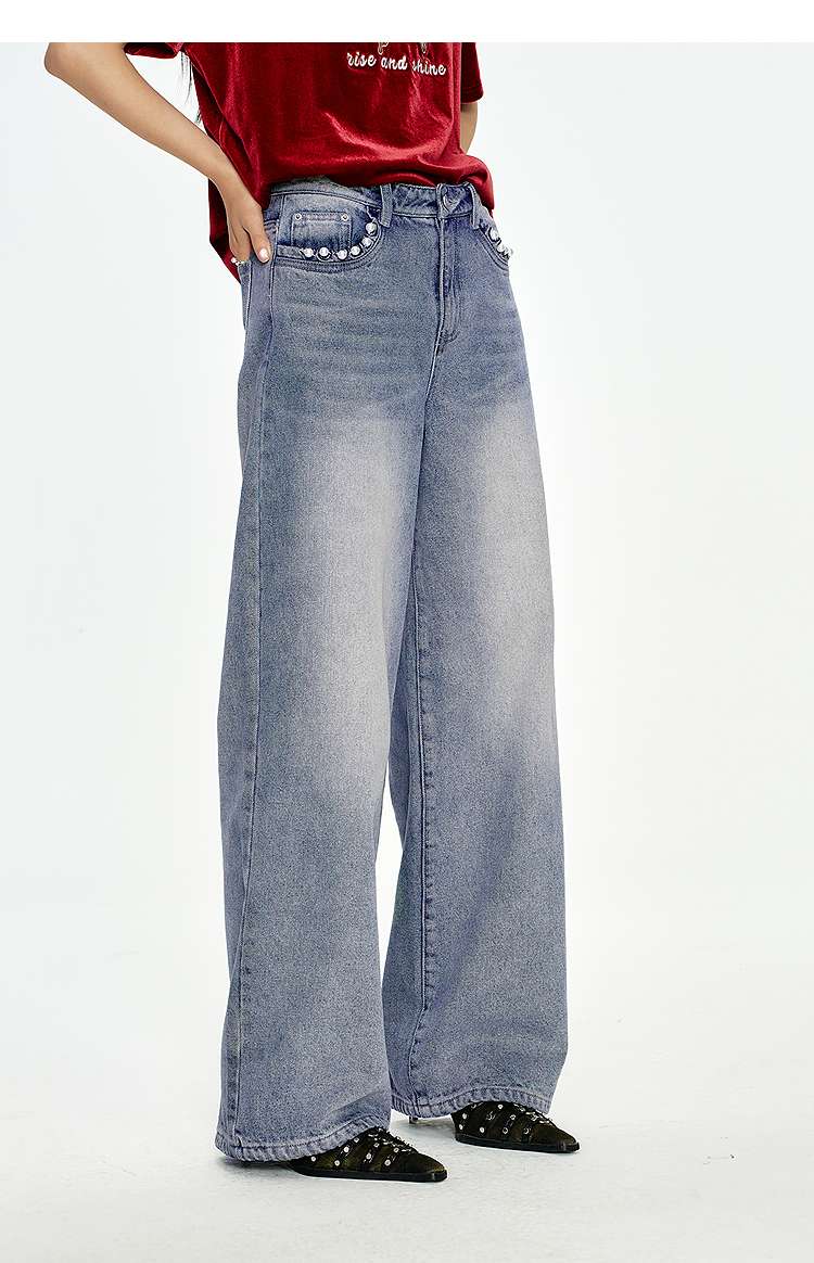ワイドタックパンツ フロントポケット装飾入りワイドデニム