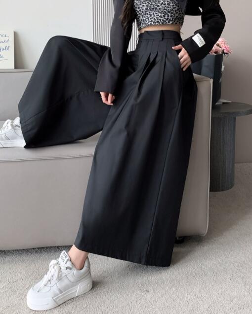 タックワイドパンツ レディース タック入りワイドパンツ 黒 不規則デザイン