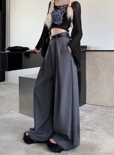 レディース ハイウェスト タックワイドパンツ グレー