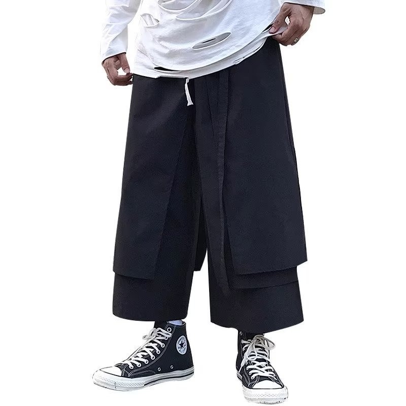 ワイドタックパンツ 黒 和風ワイドパンツ 袴風デザイン 7分丈