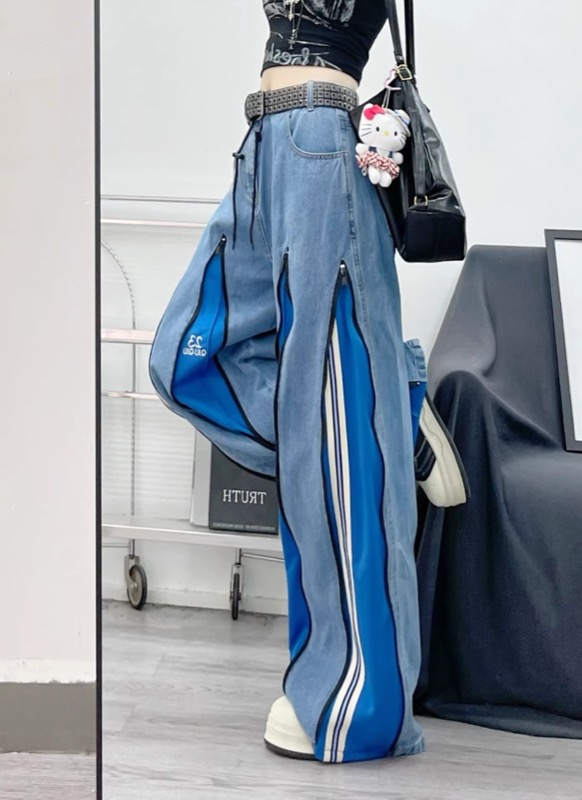 ワイドタックパンツ バイカラーデニムワイドパンツ レディース