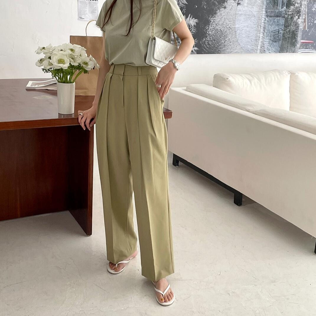 春夏新作 ワイドタックパンツ ハイウエスト 着痩せ レディース