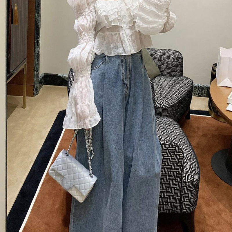 タックワイドパンツ ハイウエストポケット付きデニムパンツ