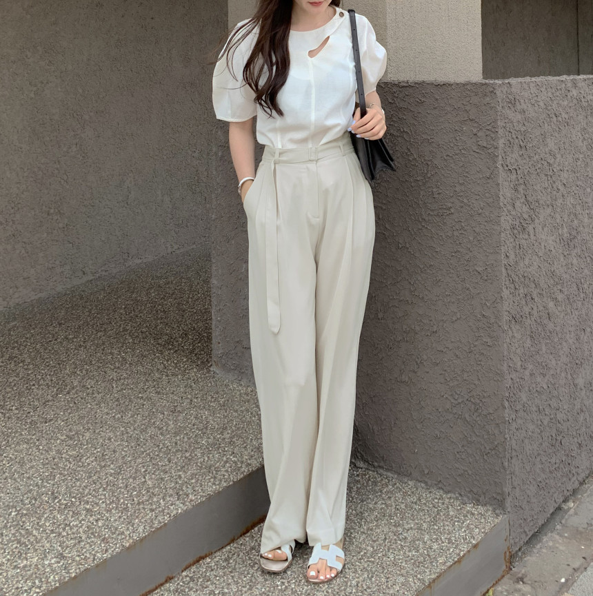 ハイウエストタックワイドパンツ レディース着痩せロング丈 グレー