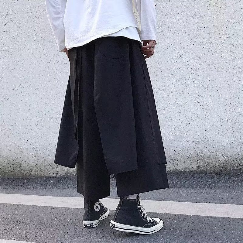 ワイドタックパンツ 黒 和風ワイドパンツ 袴風デザイン 7分丈