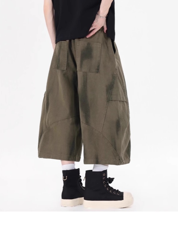 ワイドタックパンツ デニム風 ワイド カーゴパンツ 7分丈 メンズ