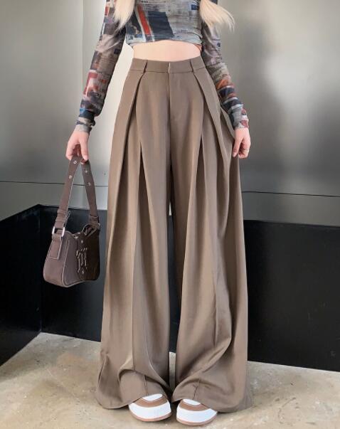 レディース ハイウェスト タックワイドパンツ グレー