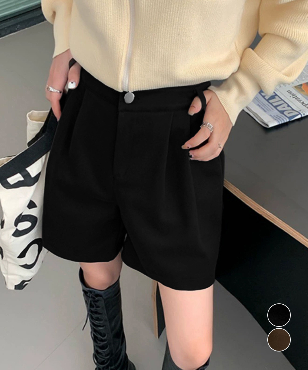 ワイドタックパンツ タック入りウール風ワイドショートパンツ