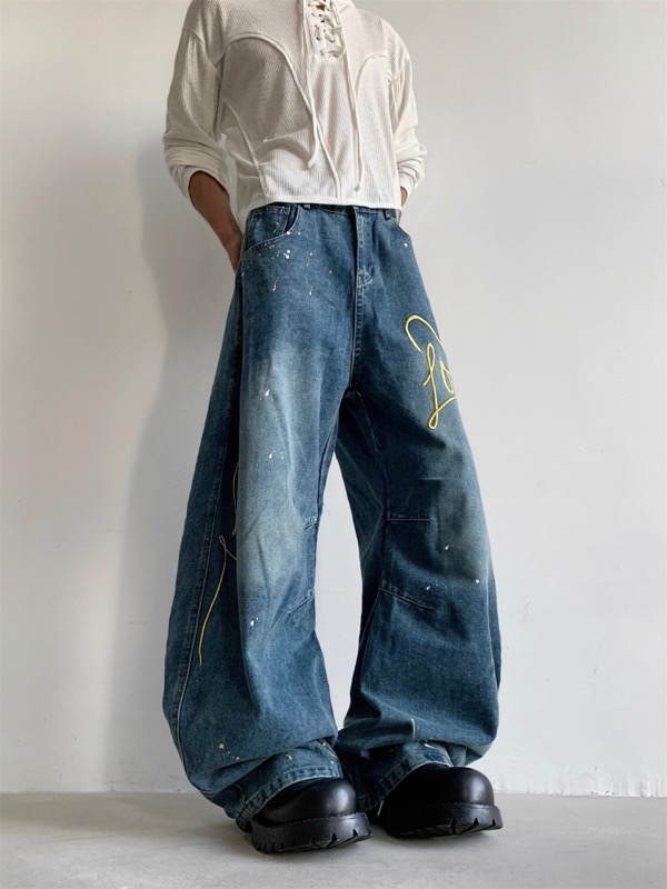 ワイドタックパンツ アート刺繍入り ワイドデニム ジーンズ メンズ