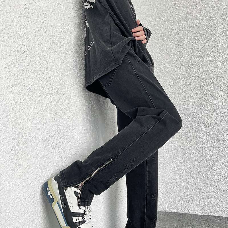 ジップデザインデニムワイドタックパンツ