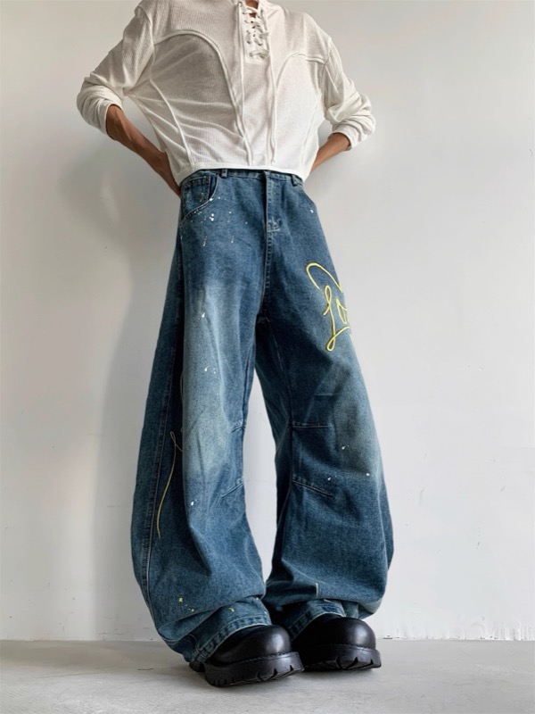 ワイドタックパンツ アート刺繍入り ワイドデニム ジーンズ メンズ