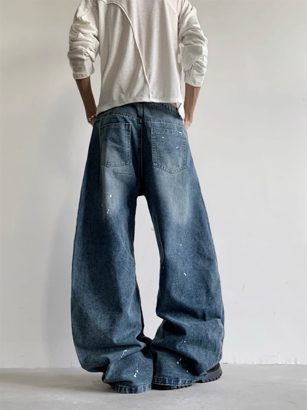 ワイドタックパンツ アート刺繍入り ワイドデニム ジーンズ メンズ