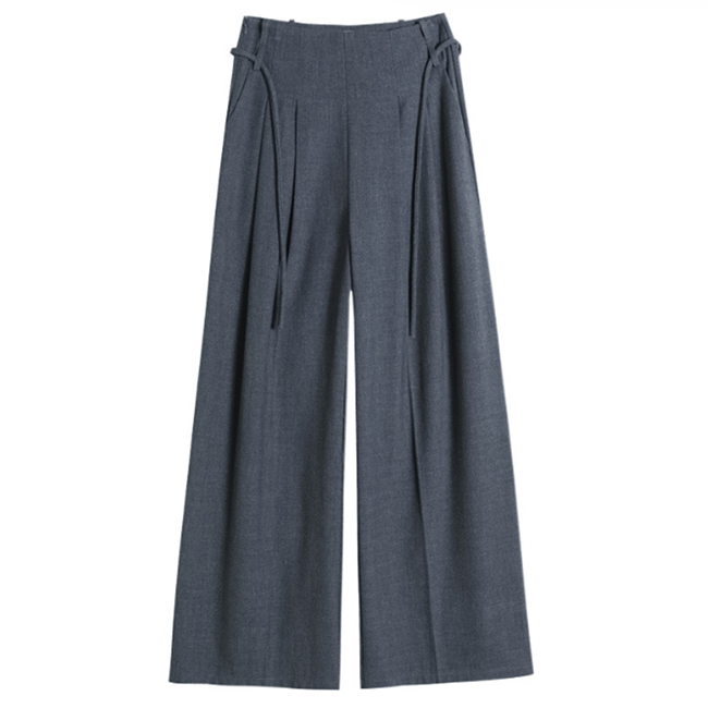 レディース ウールタッチ タックワイドパンツ ハイウエスト グレー