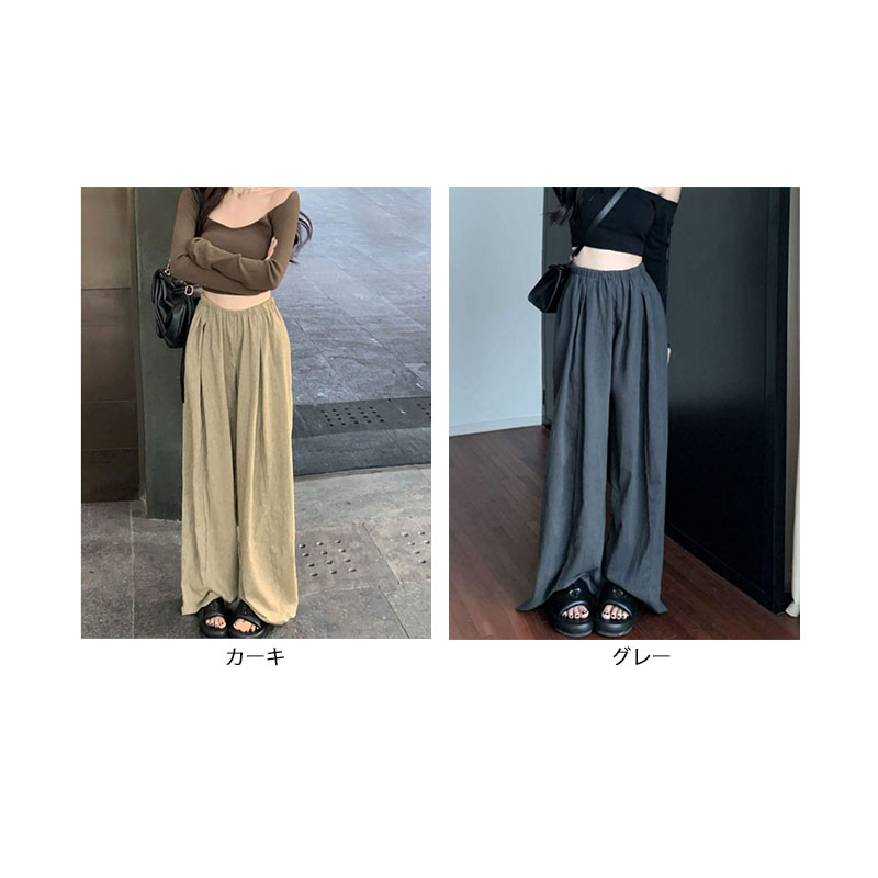 女性用ゆったりタックワイドパンツ楽々着用 グレー