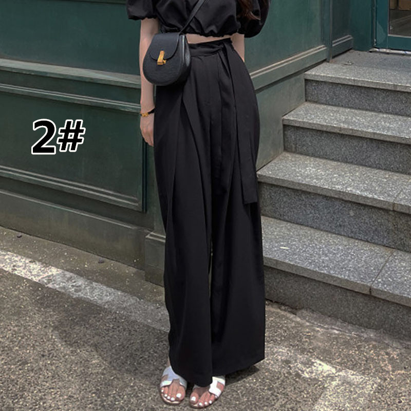 レディース タックワイドパンツ ハイウエスト リボン付き グレー