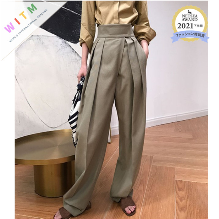 ハイウエストワイドタックパンツ レディース着痩せロング丈