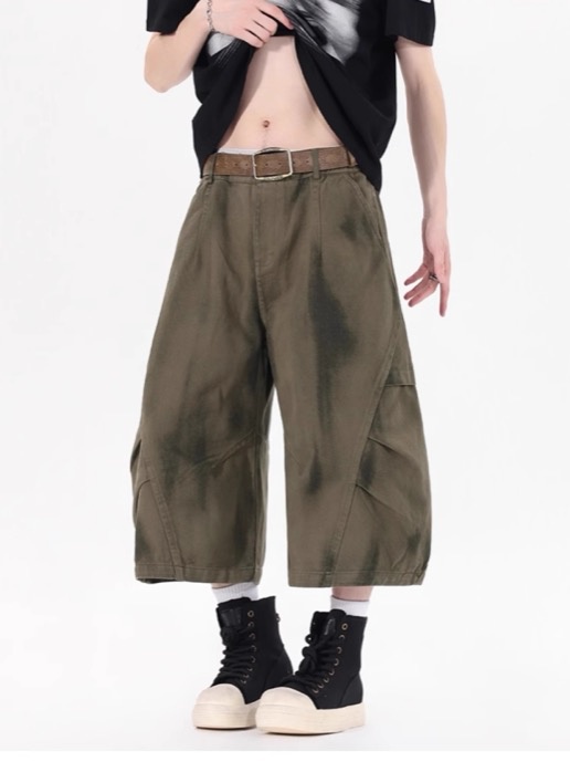 ワイドタックパンツ デニム風 ワイド カーゴパンツ 7分丈 メンズ