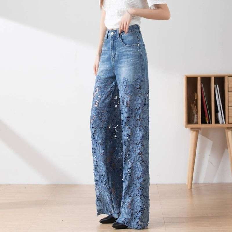 ワイドタックパンツ レース調透かしデニムワイドパンツ