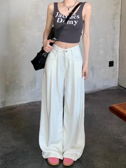 白色ハイウエストタックワイドパンツ