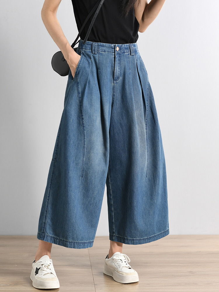 ワイドタックパンツ ゆったりタック入りデニムワイドパンツ