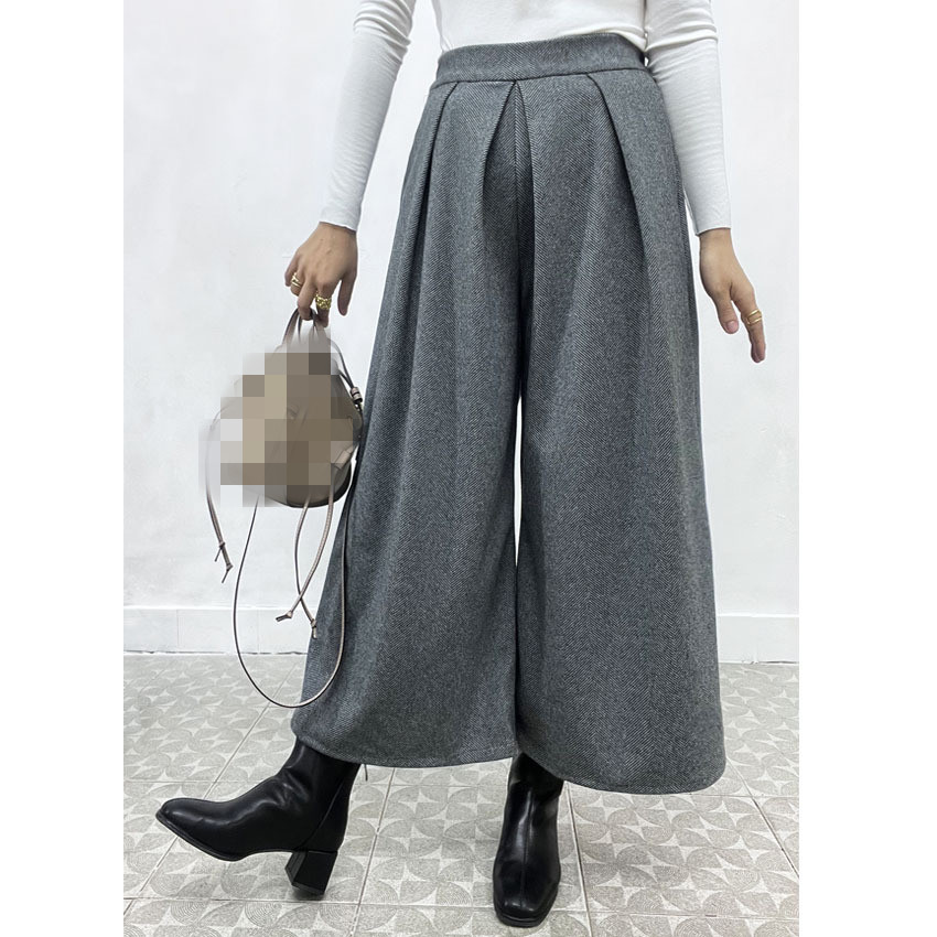 レディース タックワイドパンツ ハイウエスト 体型カバー グレー