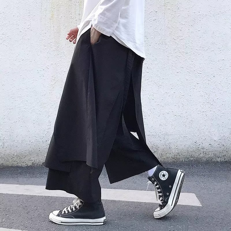 ワイドタックパンツ 黒 和風ワイドパンツ 袴風デザイン 7分丈