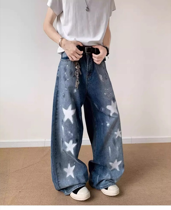 ワイドタックパンツ 星柄デザイン ワイドデニム ダメージ加工 メンズジーンズ