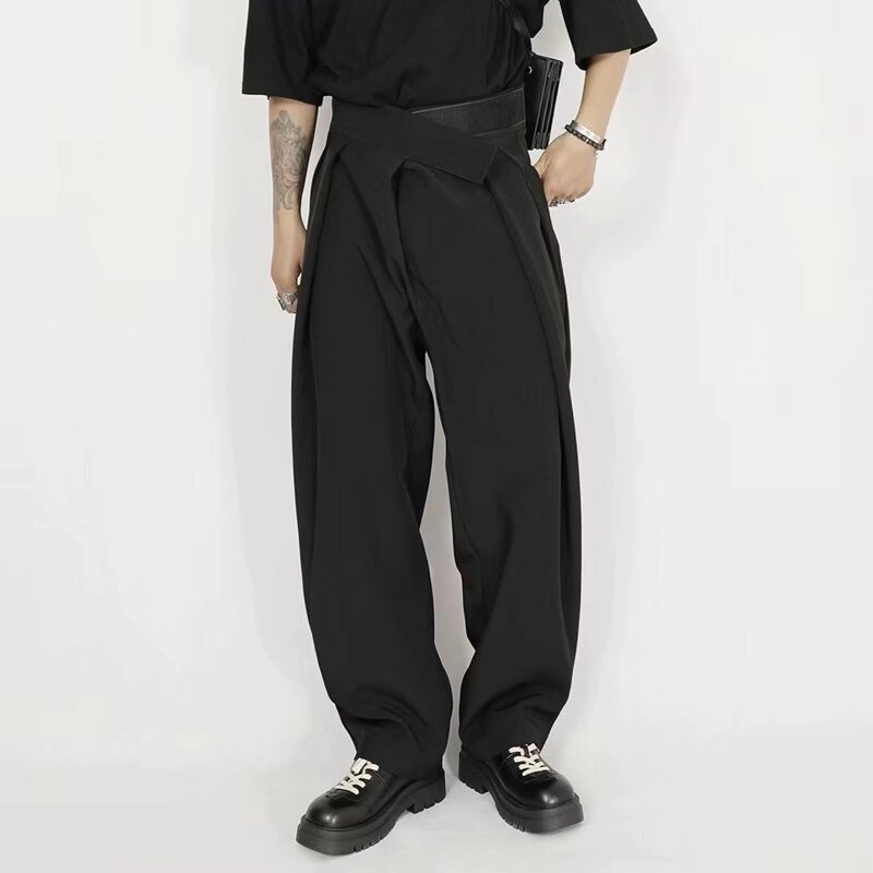 ワイドタックパンツ 黒のゆったりサルエル袴パンツ メンズ