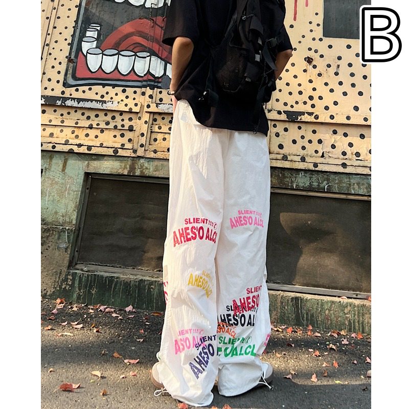 ワイドタックパンツ 白トップスに映える プリント入りワイドパンツ 薄手速乾