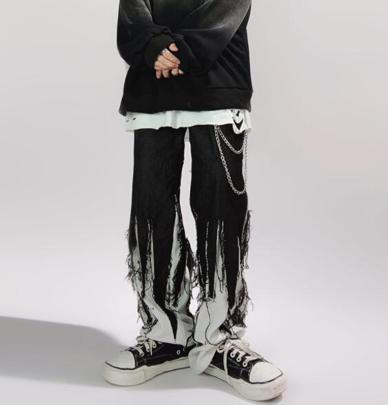 ワイドタックパンツ 黒白切替 ワイドパンツ フリンジ加工 暗黒系