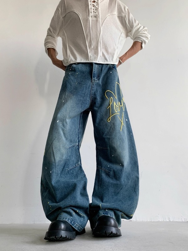 ワイドタックパンツ アート刺繍入り ワイドデニム ジーンズ メンズ