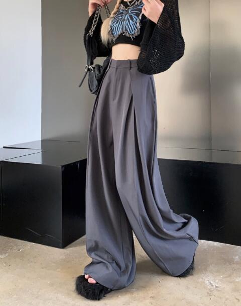 レディース ハイウェスト タックワイドパンツ グレー