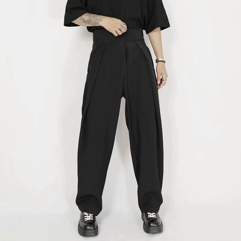 ワイドタックパンツ 黒のゆったりサルエル袴パンツ メンズ