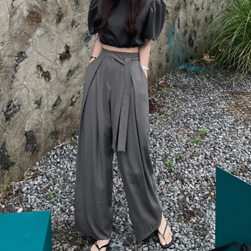 レディース ワイドタックパンツ ハイウエスト リボン付き